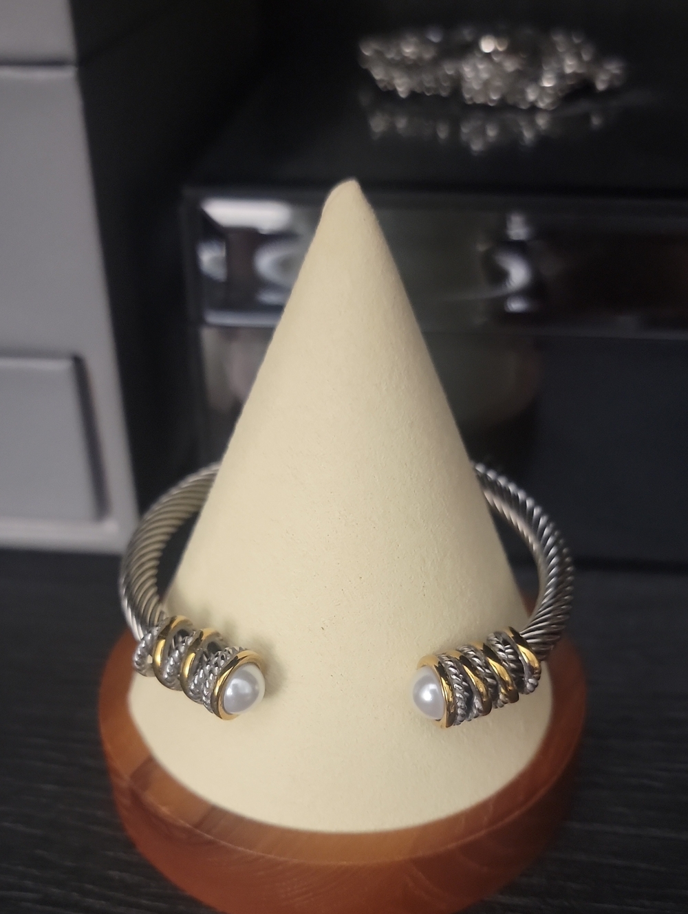 Two-Tone Pearl Accent Open Cuff Bracelet